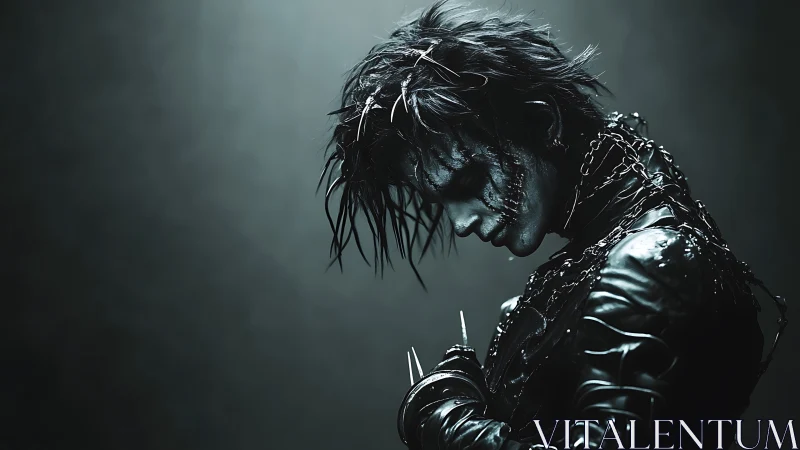 Cyber-gothic humanoid in chained leathers with blade fingers.