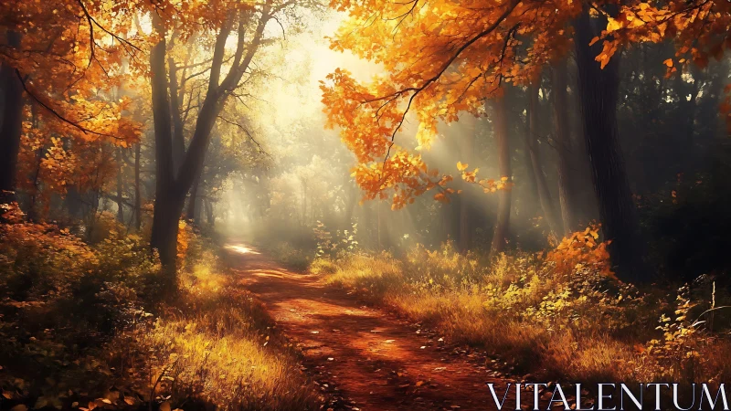 Golden Autumn Forest Path with Misty Light.