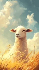 Pastoral digital painting of lamb amid sunlit golden field.