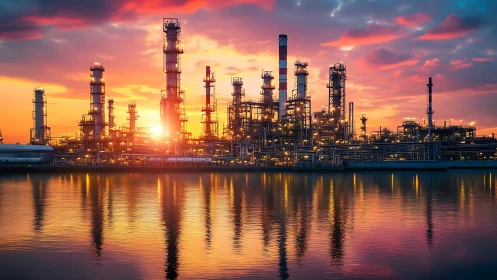 Industrial refinery skyline glows warmly against sunset waters
