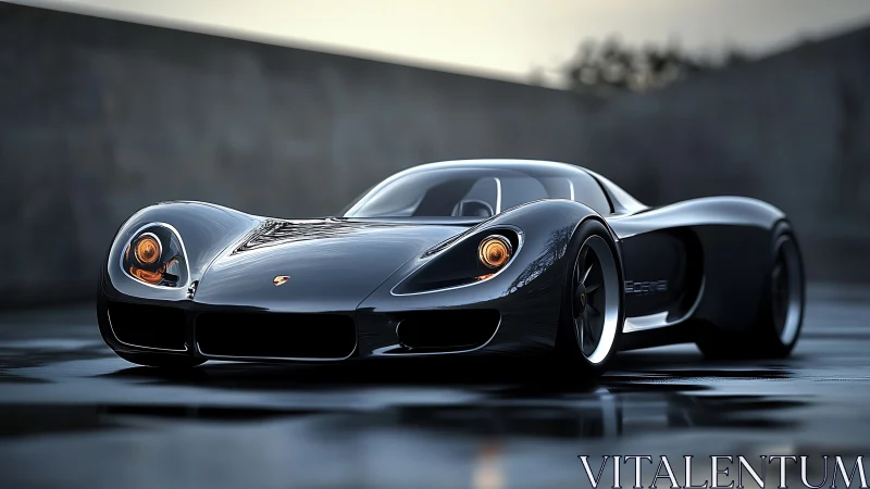Sleek black supercar glows on wet concrete at dusk.