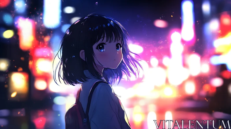 Anime girl with backpack in neon city night lights.