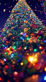 Vertical bokeh-rich Christmas tree with dense multicolor LEDs