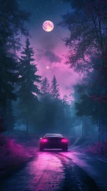 Car on forest road under violet moonlit night sky.