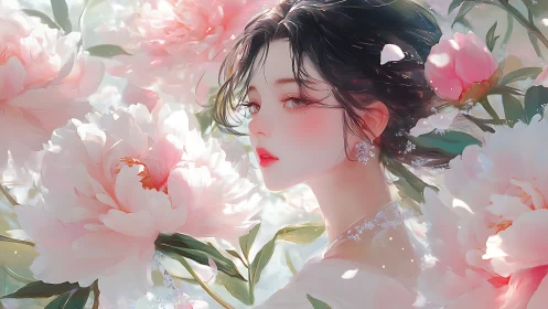 Soft petals surround a serene woman in gentle spring light