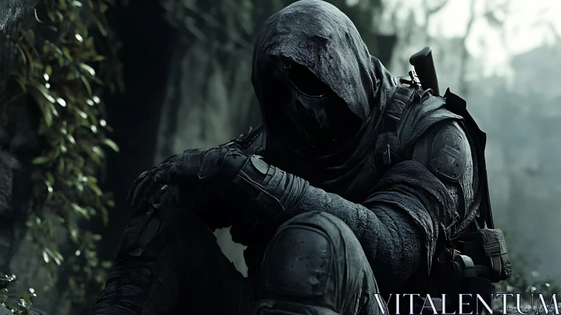 Hooded tactical soldier rests in misty war-torn ruins.