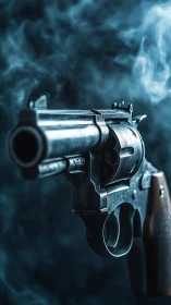 Close-up revolver barrel in smoke with shallow focus.