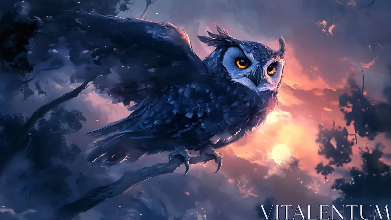 Majestic Owl in Flight Over Mystical Forest at Twilight, Digital Art.