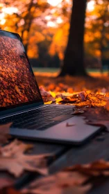 Laptop rests on wooden table among fallen autumn leaves