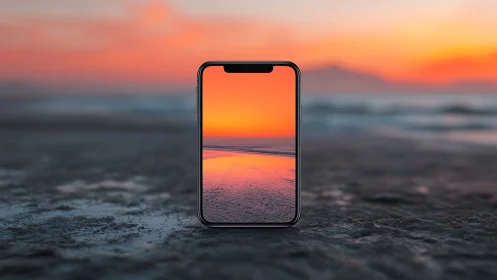 Smartphone displaying sunset landscape scene on sandy beach