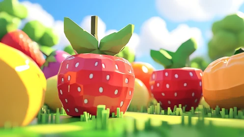 Low-poly strawberries glow under bright summer garden light.