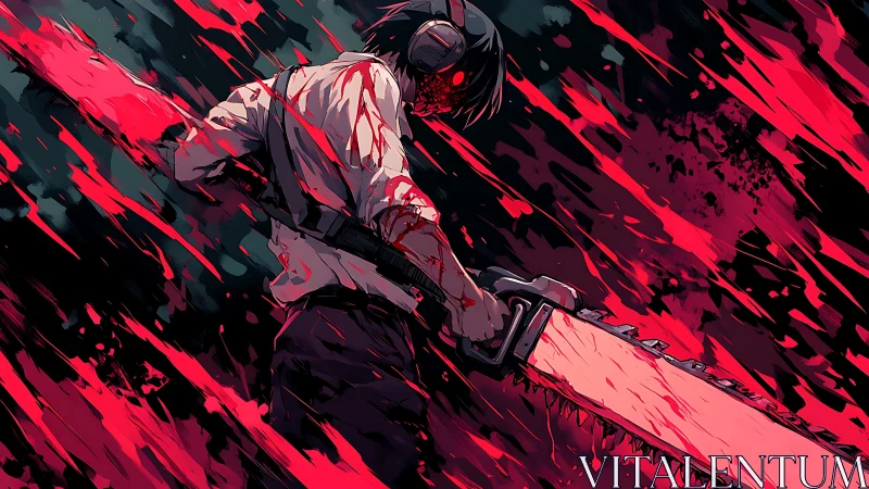 Chainsaw-wielding antihero stands in a storm of crimson fury.