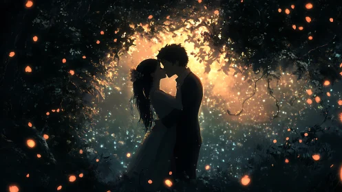 Two souls ignite beneath dancing sparks and ancient trees.