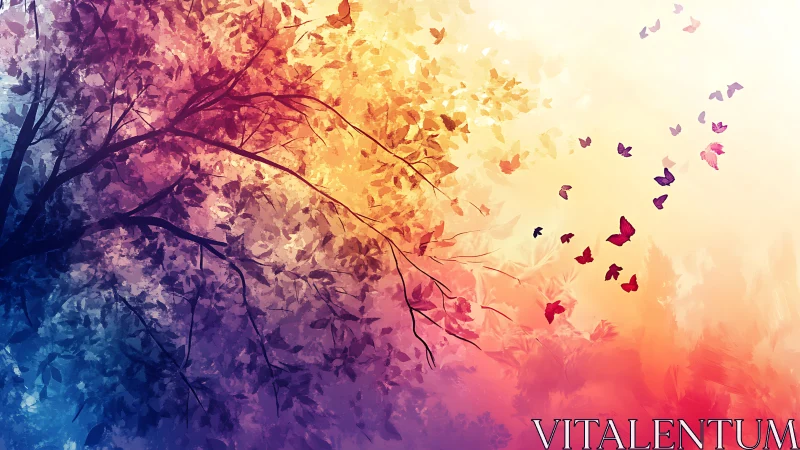 Tree silhouette and flying butterflies over gradient sky