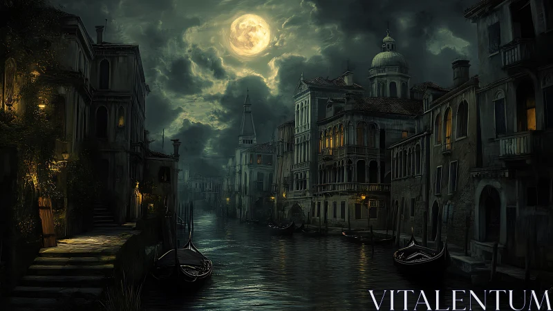 Moonlit gothic canal city under storm-laden sky at night.