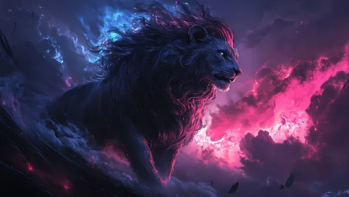 Cosmic neon lion strides through bifurcated magenta and cyan storm
