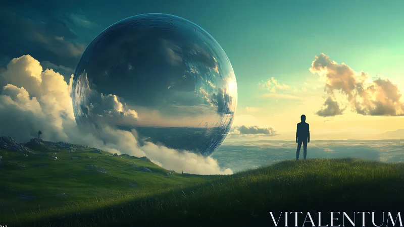 Surreal digital landscape with reflective cosmic sphere horizon.