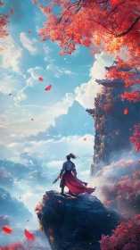 Solitary robed figure on cliff above misty valley landscape.