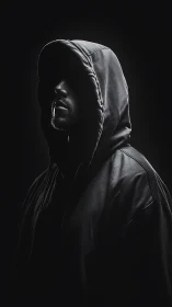 Shrouded hooded figure stands in dramatic shadowed light