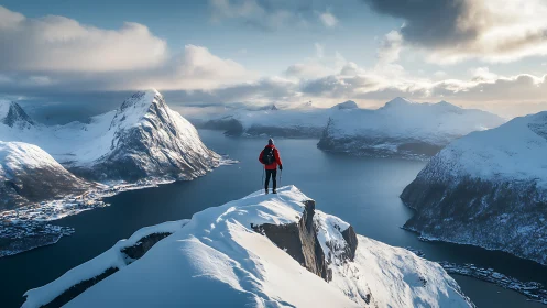 Lone hiker on snowy ridge above dramatic fjord landscape.