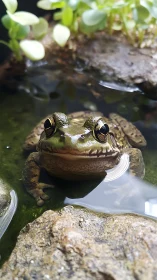 Macro close-up of frog in shallow garden pond with rocks