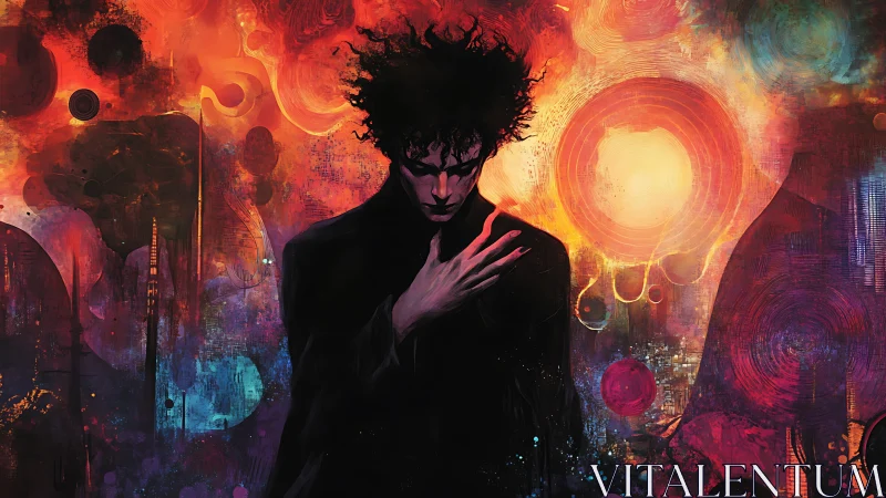 Silhouetted figure stands before layered radial light forms