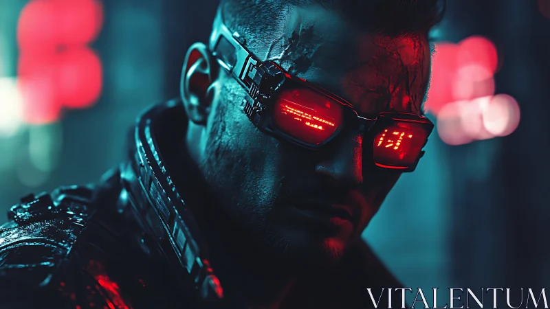 Neon city wanderer in glowing cyberpunk visor at night.