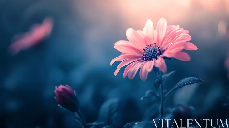 Pink daisy flower in soft blue background light focus.