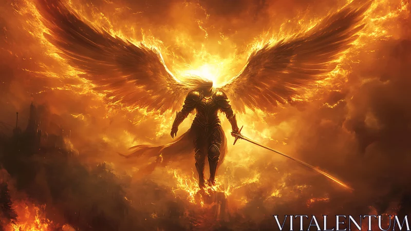 Winged armored figure in fiery sky with luminous sword.