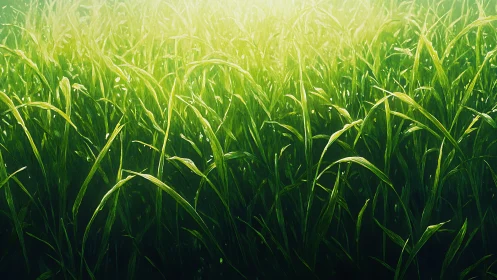 Sunlit dew-kissed grass blades in luminous green field.