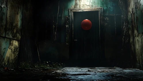 Red balloon on dark door in decayed narrow corridor.