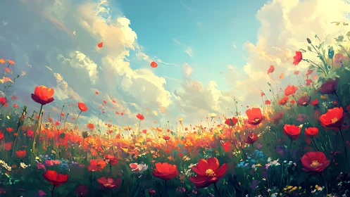 Vibrant wildflower meadow stretches beneath luminous summer sky