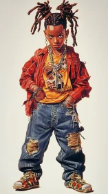 Hip-Hop Youth Portrait in Bold Red and Denim.