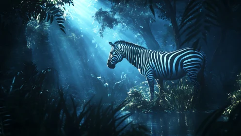 Moonlit stripes sip silence in a blue jungle clearing