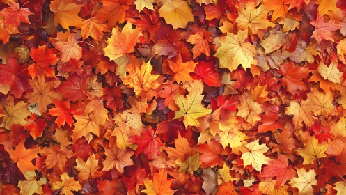 Colorful maple leaves cover ground in dense autumn layer