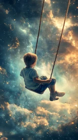 Small child swings through luminous cosmic cloudscape