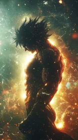 Cosmic warrior silhouette ignites with celestial energy glow.