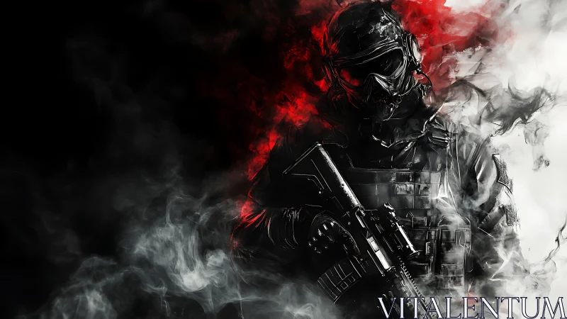 Armored tactical operator rendered in high contrast smoke gradients