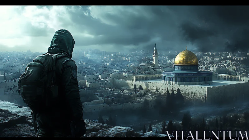 Hooded traveler overlooking storm-lit golden cityscape.
