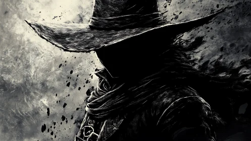 Shadowed wanderer in a wide-brim hat steps from swirling dusk