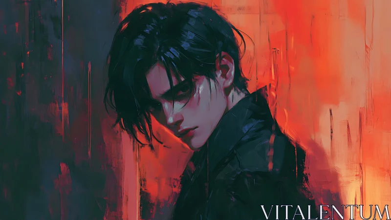 Digital portrait depicts young figure before abstract red field