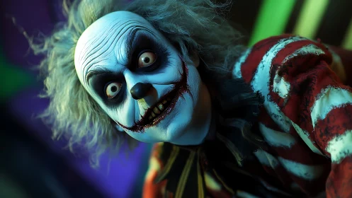 Creepy clown close-up under neon horror lighting.