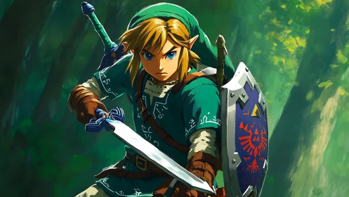 Dynamic cel-shaded swordsman with shield in forest lighting study