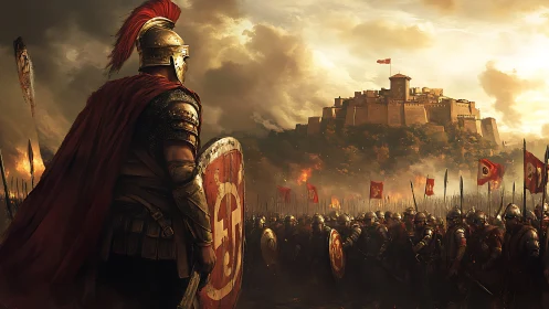 Resolute commander surveys a besieged hilltop fortress