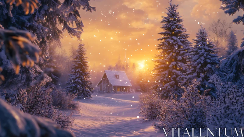 Snowy forest cabin at golden winter sunset glow.