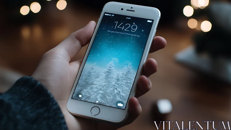 Smartphone displays snowy landscape at 14:29 with winter forest wallpaper.