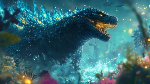 Titan kaiju storms neon surf under electric storm.