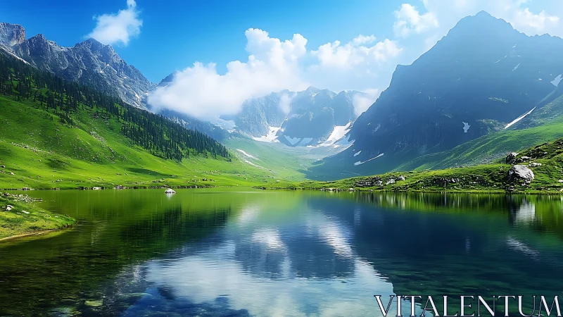 Mountain lake mirror under bright alpine summer sky.