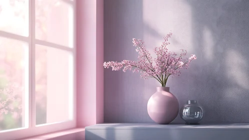 Pink vase with blossoms by window in soft daylight interior.