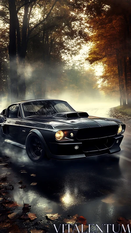 Black classic muscle car moves on wet forest road